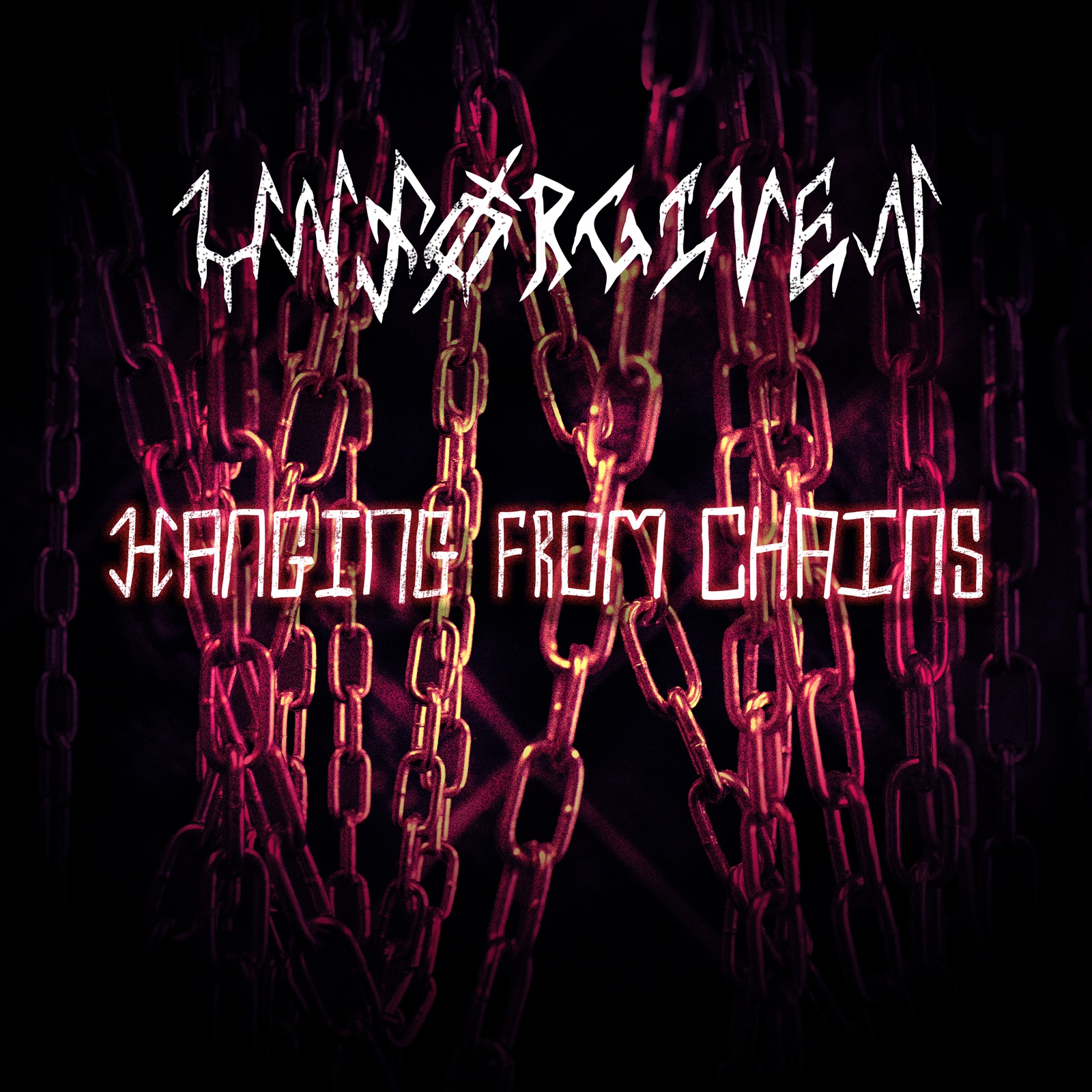 Hanging From Chains cover art: lengths of heavy chain hanging in darkness, lit hot pink and amber, with the Unførgiven logo above the title.
